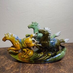 Three‎ Galloping Horses Ceramic Figurine Glazed Green Brown Yellow